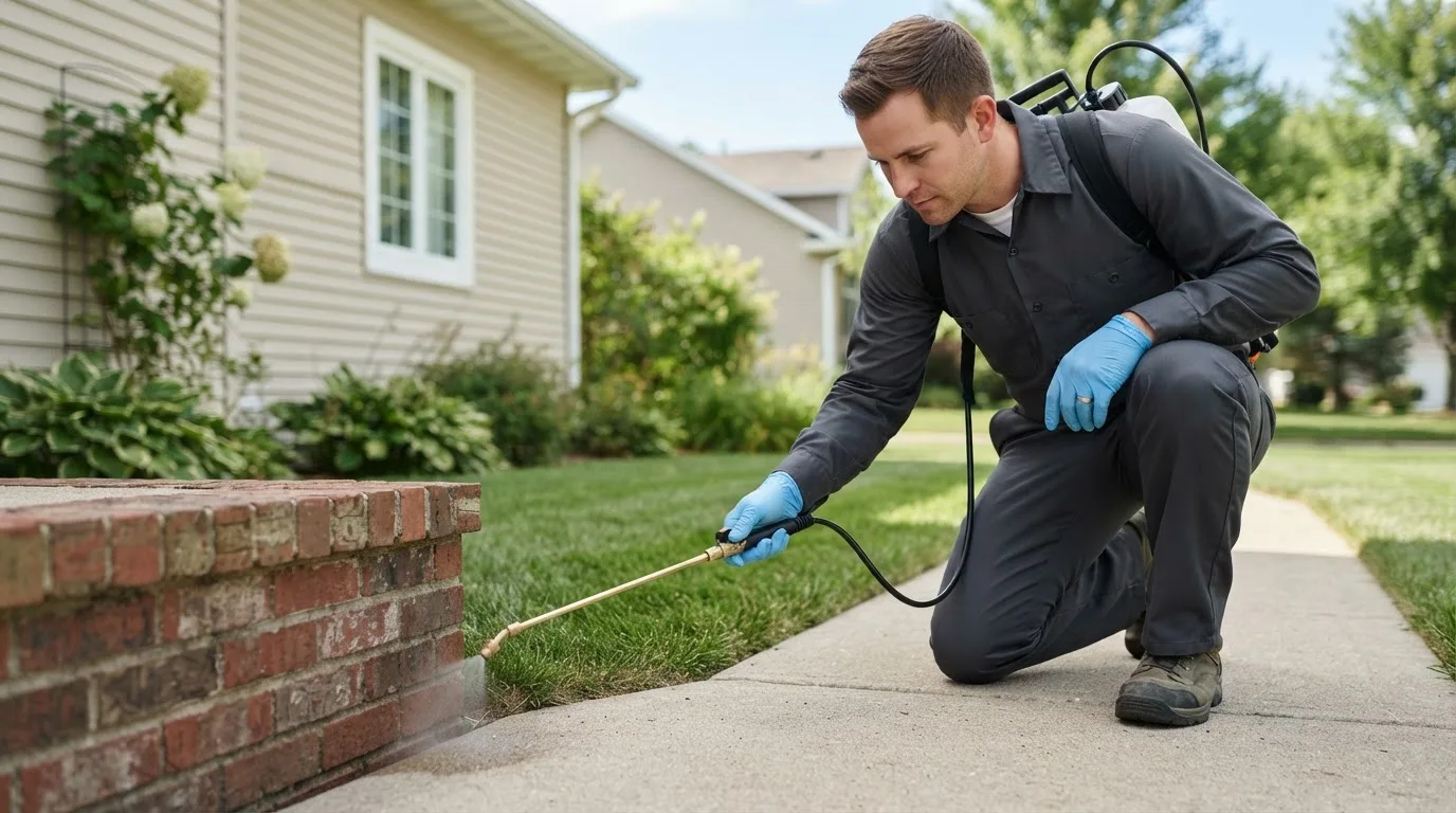 Pest control technician treating a home near Mason City, NE