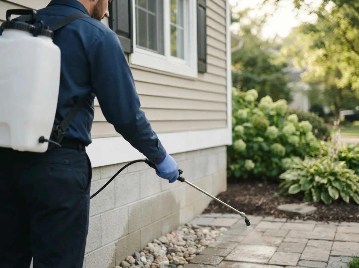 Pest control technician inspecting a home in Mason City, NE